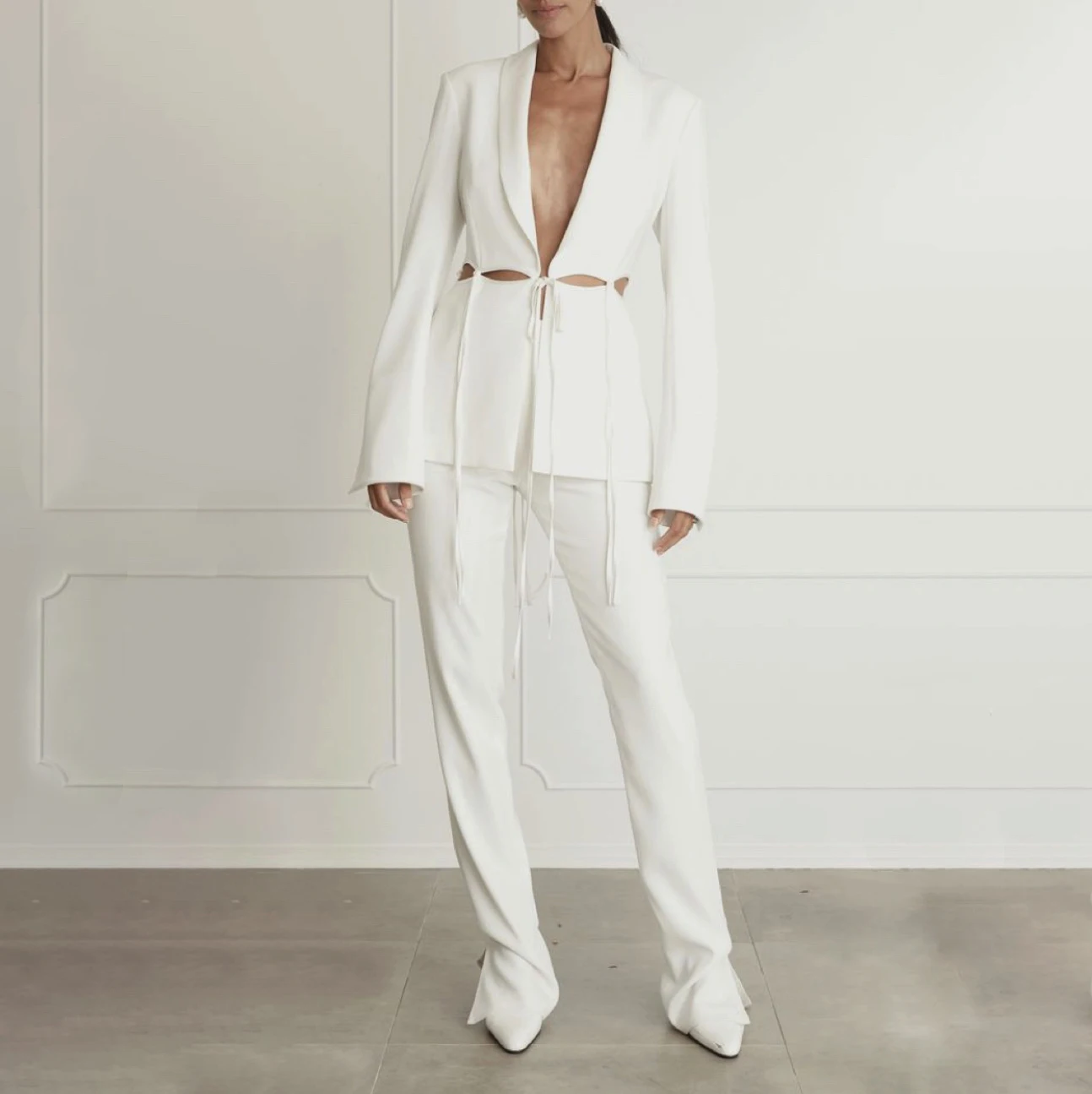 Open front long tie waist long sleeve wrap cropped cut out latest ladies woman blazer