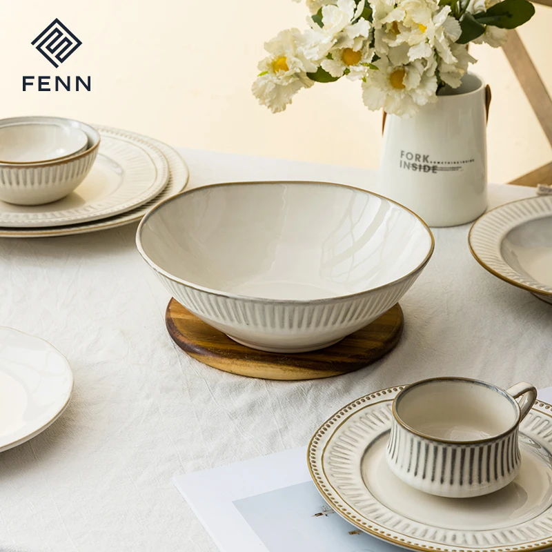 Country Style Simple Embossed Stoneware White Ceramic Dinner Dish Plates Porcelain Dinnerware Microwave Safe for Home Kitchen