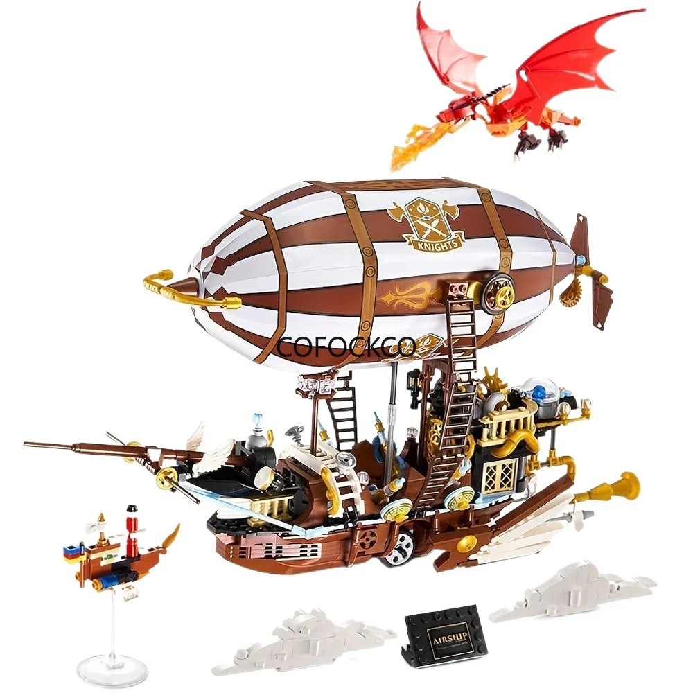 92201 Airship Steampunk Building Blocks Sci-fi Spaceship Dragon Attack Pirate Ship Sailboat Model Brick Toy Kid Adult For Gift