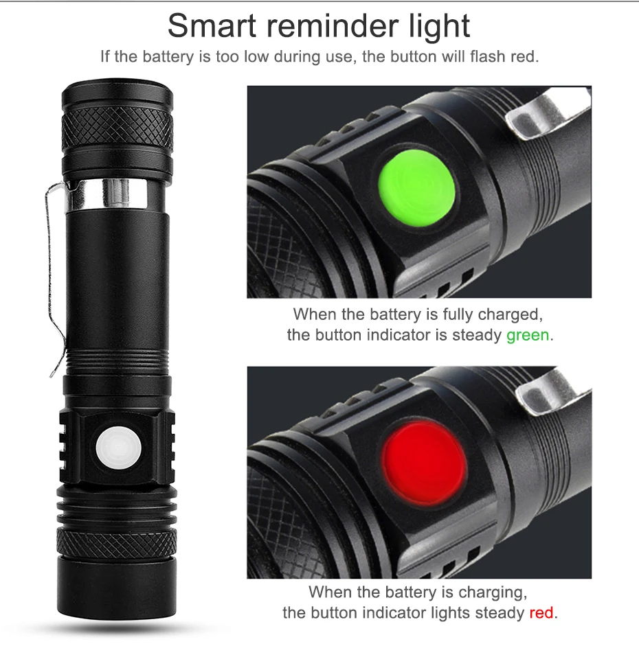 Светодиодный фонарик T6 1200 высокой яркости с зажимом масштабируемый USB Перезаряжаемый портативный фонарь для экстренного освещения кемпинга на открытом воздухе