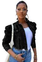 Wholesale Fashion Puff Sleeve Ladies Denim Jacket Women Coat Casual Ripped Holes Womens Jean plus size