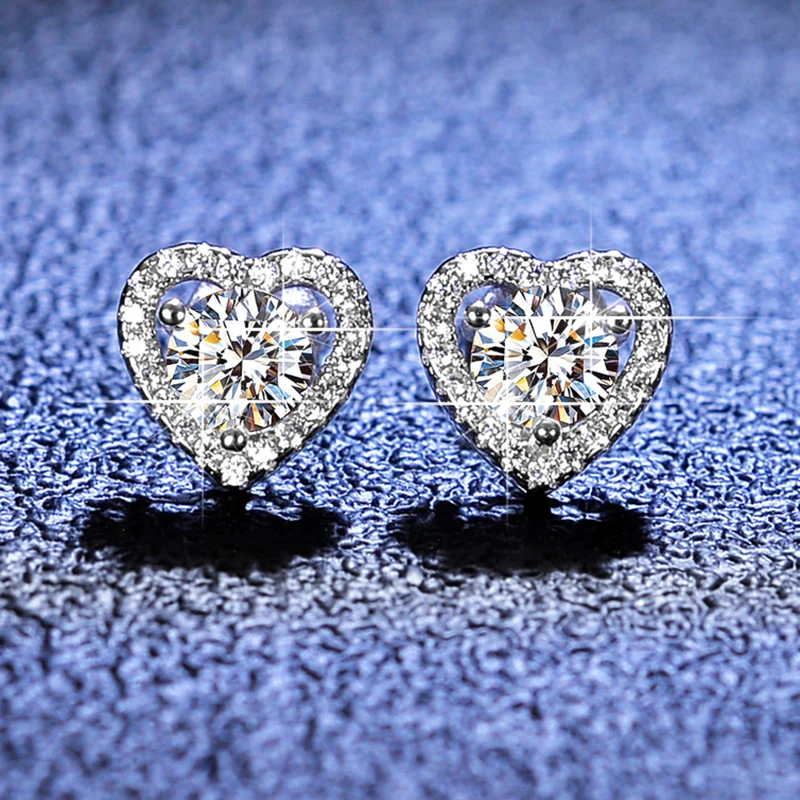 Perfect White GRA Moissanite Diamond 18K Gold Plated 925 Sterling Silver Luxury Halo Heart Stud Earrings Destiny Jewellery
