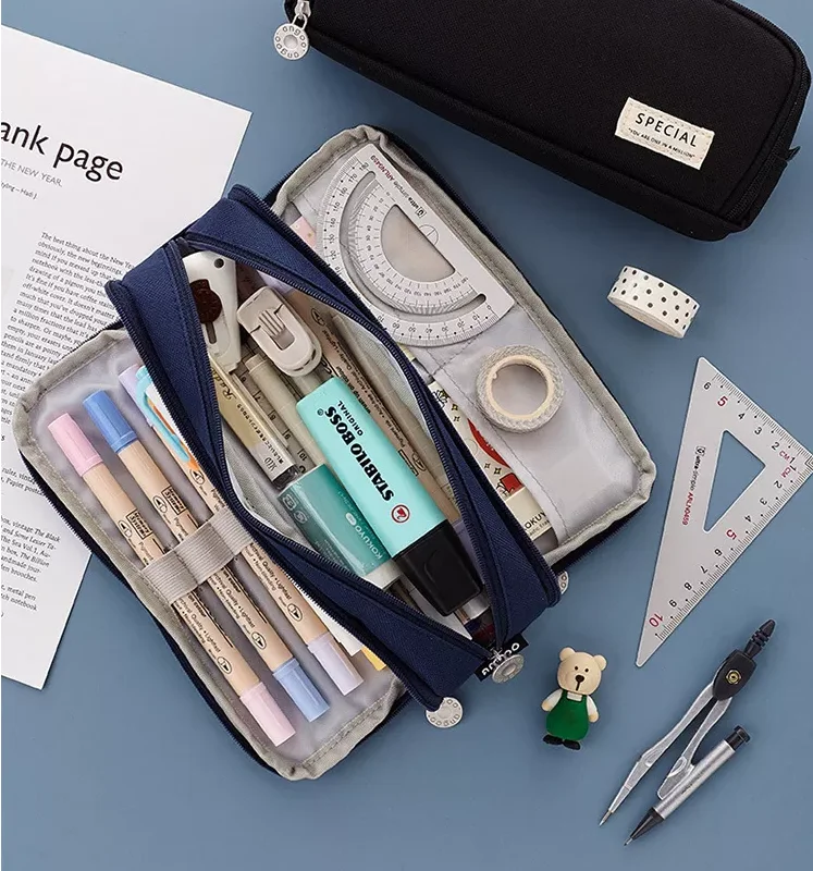 Large Capacity Canvas Stationery Storage Box Students Pencil Pouch with Zipper Closure for Pen Bags Gift Use