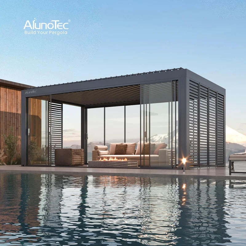 AlunoTec  LUX Remote Control Smart Aluminum Terrace Waterproof Roof Louver Hotel Solar Pergola