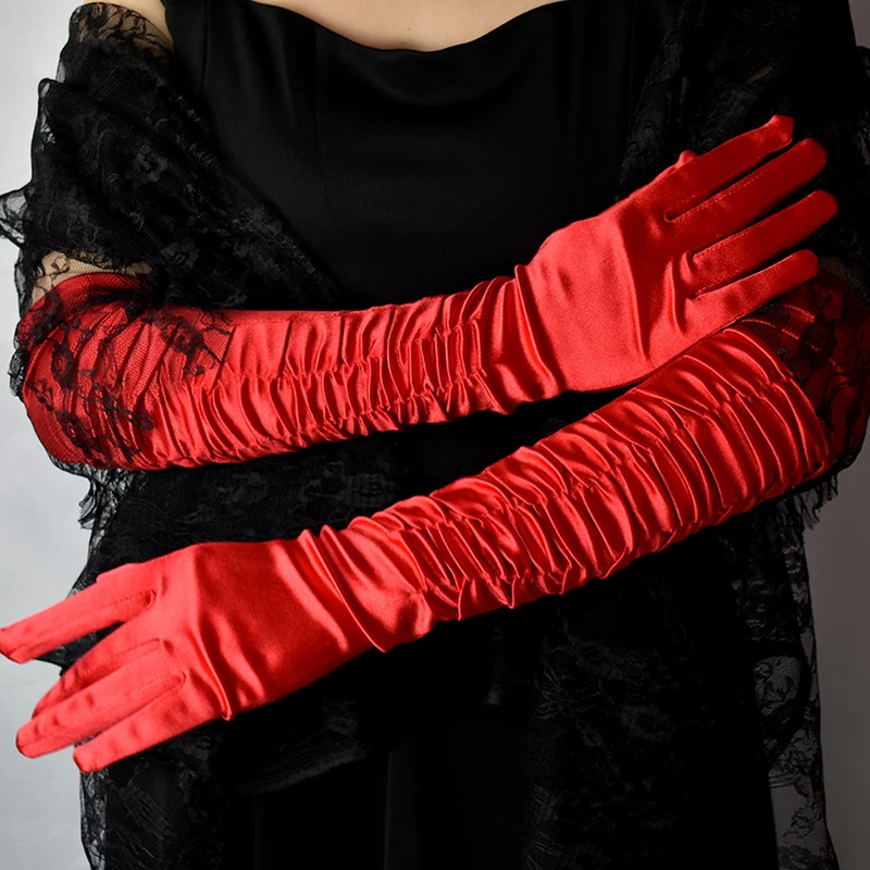 Women Party Gloves Long Sleeve Wrinkled Black White Satin Fabric Lady Fashion Beauty Glove for Party