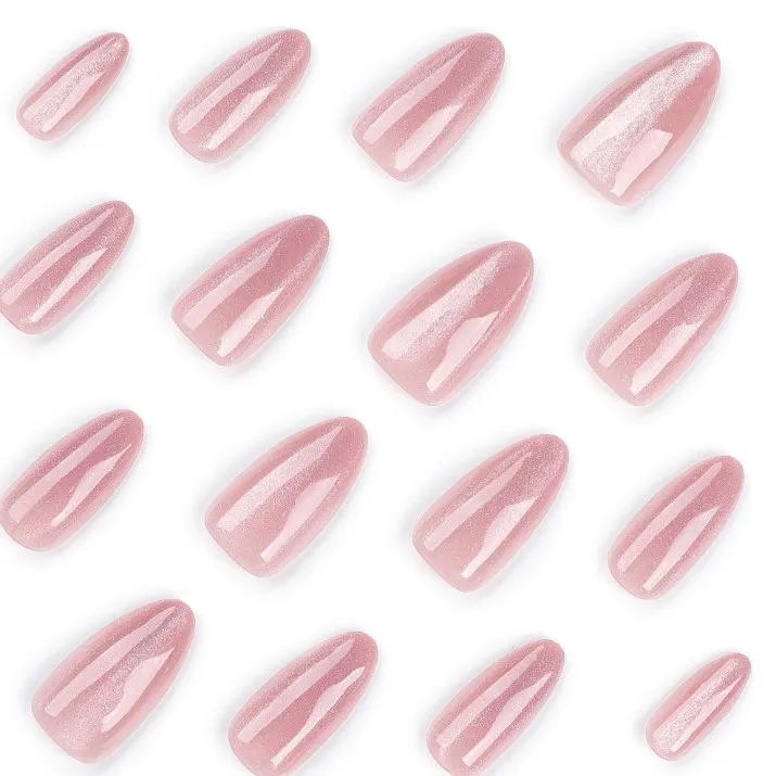 OEM New 3D Short Almond Cat Eye Pink Design French Press On False Nails Full Cover Ins Artificial Fingernail Full Abs Manicure