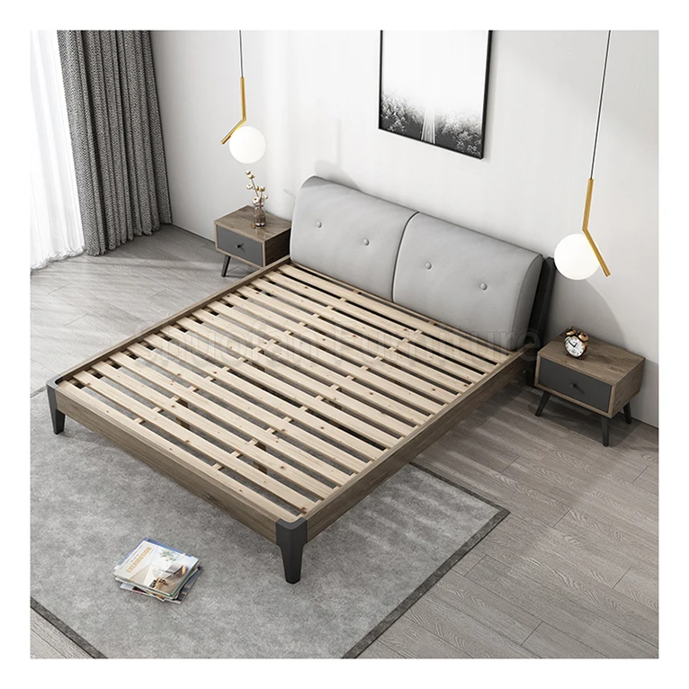 Модель в скандинавском стиле, кровать из твердой древесины под заказ, свадебная легкая роскошная кожаная деревянная кровать, кожаная обивка