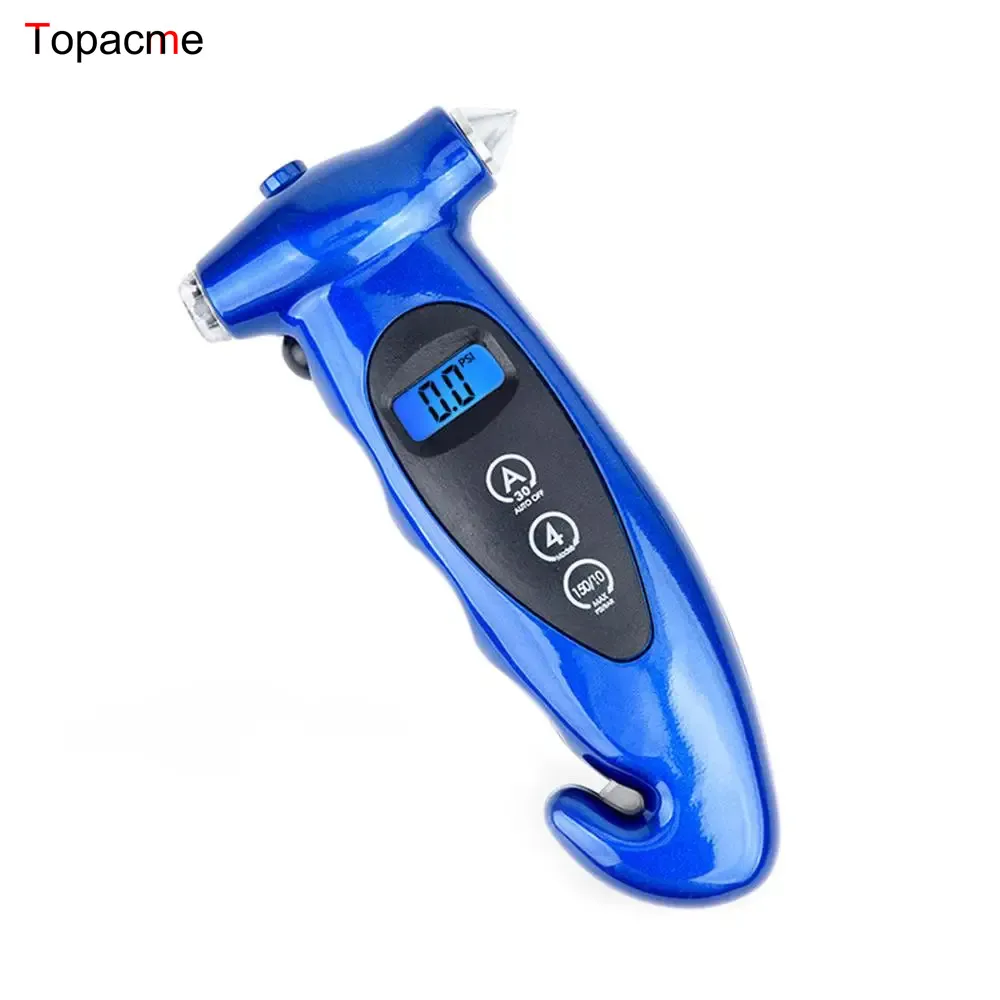 4 Settings Multi Functional Rescue Tool 5 in 1 Digital Tire Pressure Gauge with safety hammer