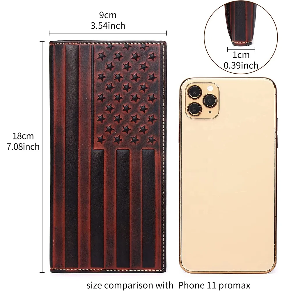 Cowboy Western Leather Wallet for Men US Flag Emboss Long Bifold Tooled Genuine