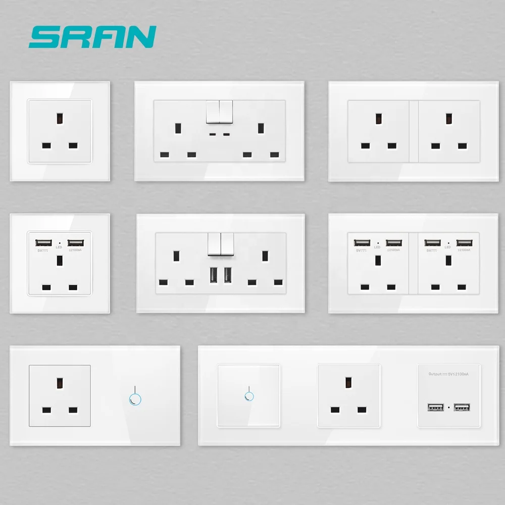 Tempered glass double UK 13A electric wall LED switch socket