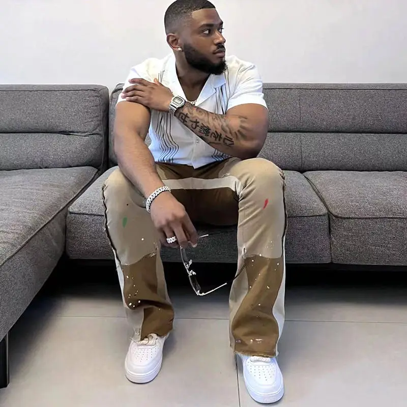 Wholesale Mens Jogger Pants Sweatpants Patchwork Trousers Custom Paint Splatter Print Raw Edge Hem Flare Pants