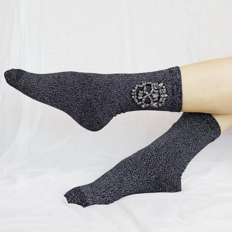 
Oem Black Skulls Diamond Silver Yarn Dark Gothic Sock For Girl 