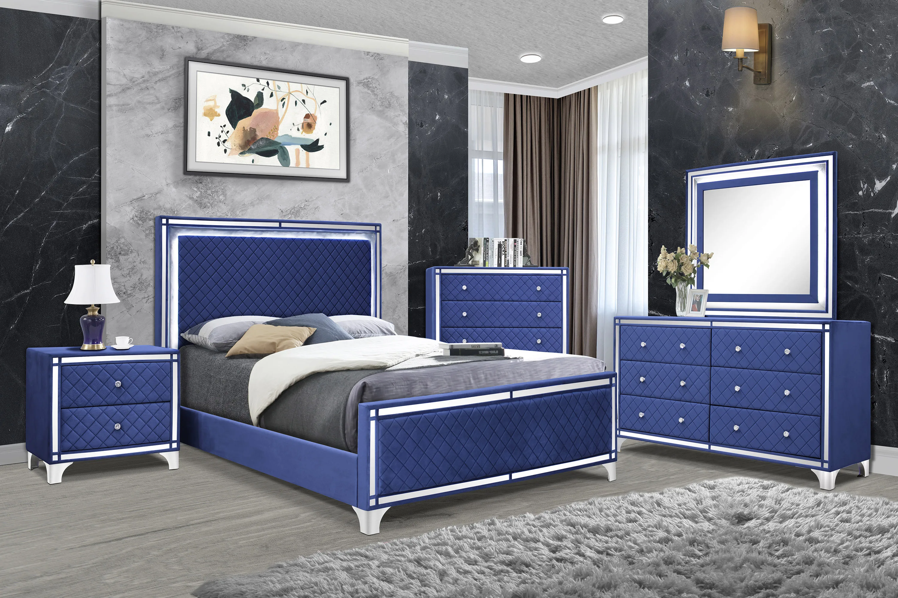 5 Pcs Upholstered Quilted Design Bedroom Set Velvet Grey Complete With Bed/ Dresser/ Chest Of Drawer/ Night Stand And Mirror