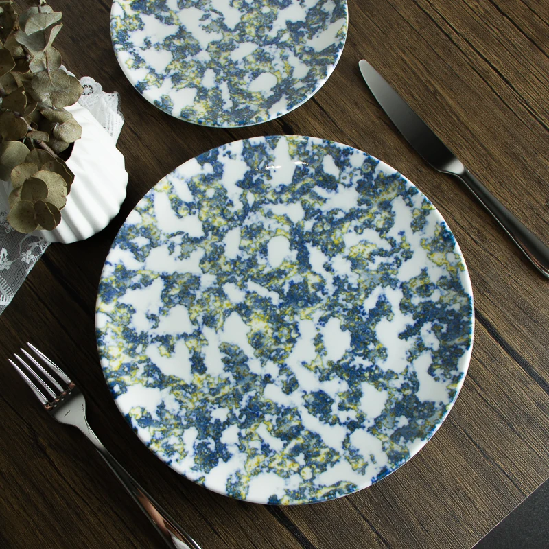 JQY Porcelain Round Dish Set Reactive Glaze Crockery Ceramic Colorful Dinner Plates Set Vintage Appetizer Salad Side Plates