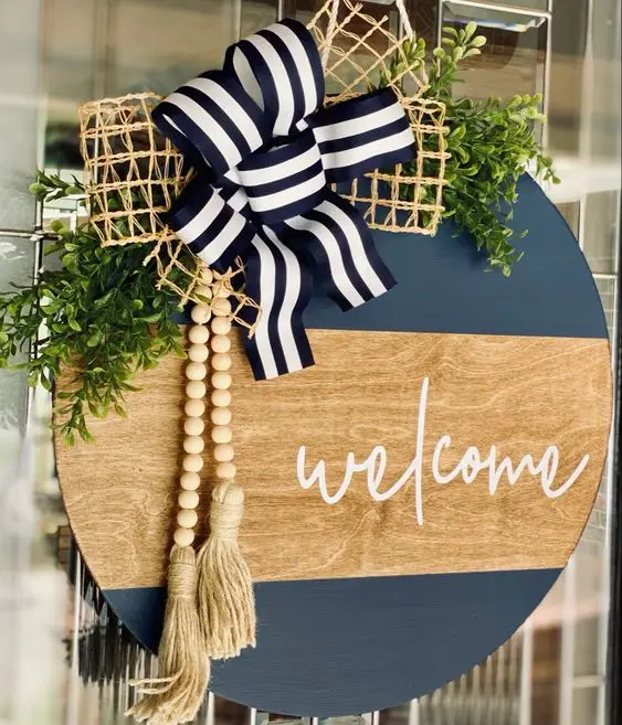 Wall Decor Wooden Rustic Welcome sign Round Wall Art hanging sign board  wood bead garland farmhouse with Tassels