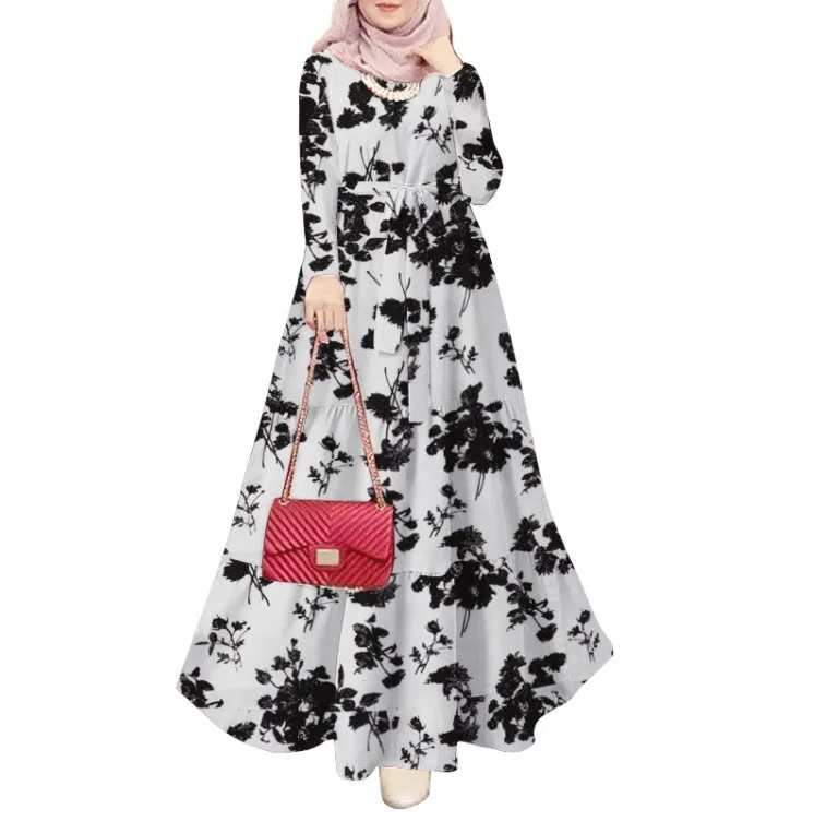 Wholesale Arab Robe Printed Ethnic Muslim Dress Turkish Dresses For Women Floral Dubai Abaya With Belt