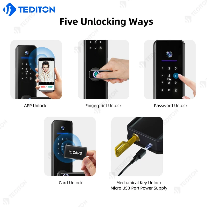 Tediton Fechadura Digital Smart Lock Tuya App Wifi Camera Mortise Electronic Handle Biometric Fingerprint Door Lock Outdoor