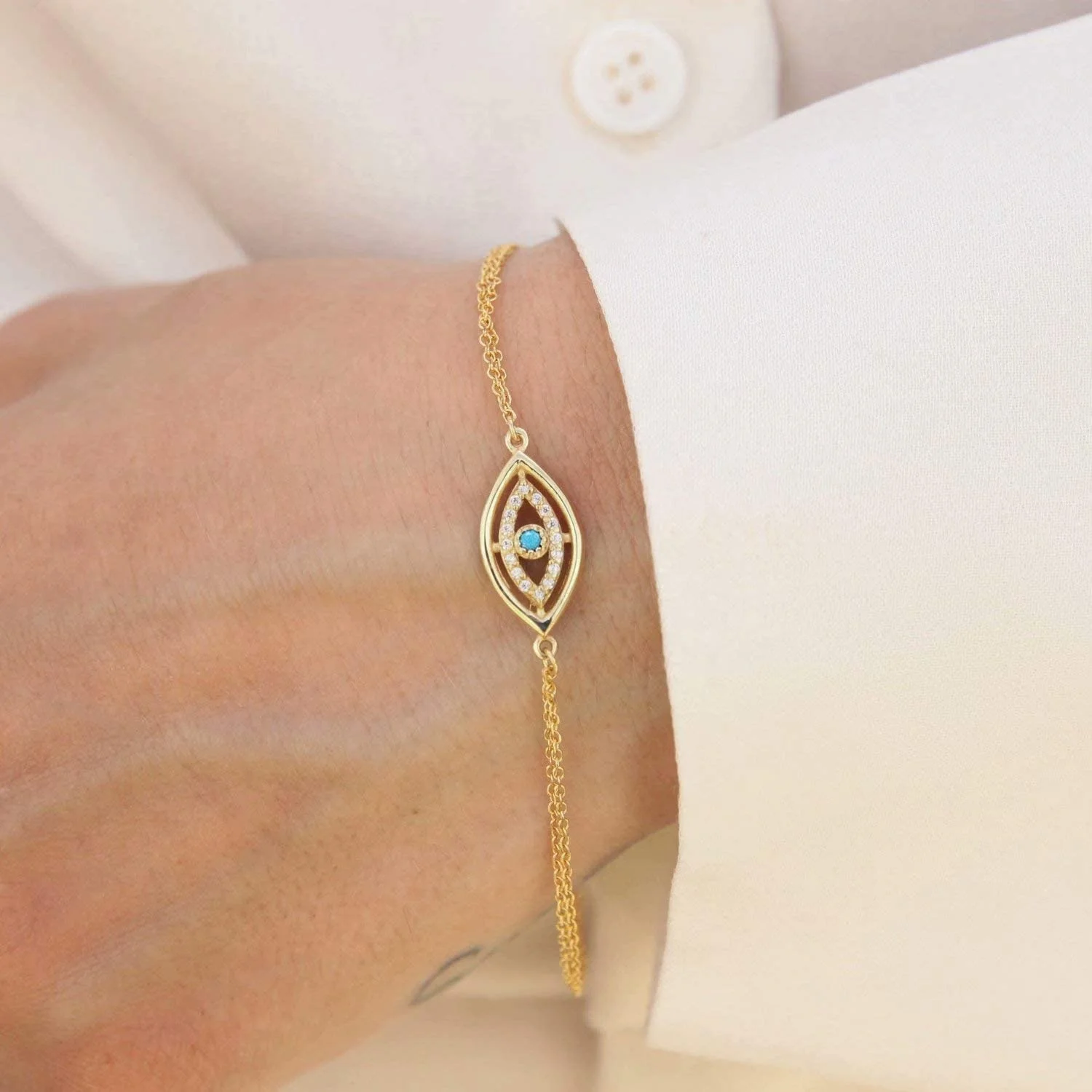 Drop shipping Wholesale Stainless Steel Jewelry Double Chain Custom Gold Plated Blue Evil Eye Charm Bracelet 18K