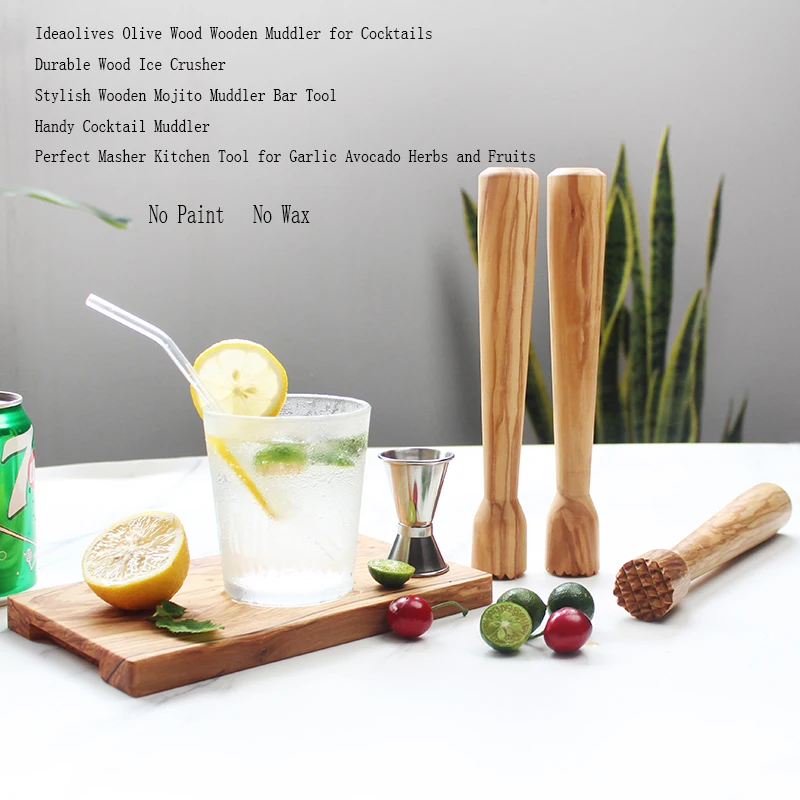 Ideaolives Olive Wood Wooden Muddler for Cocktails Garlic Avocado Herbs and Fruits Ice Crusher-Fads Durable Bar-Kitchen Tool