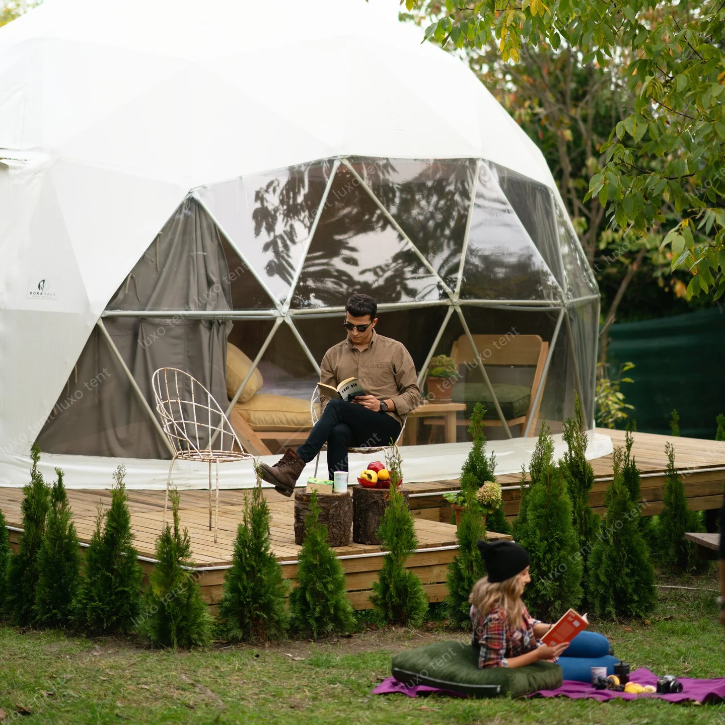 Glamping waterproof fireproof PVC covering geodesic dome tent