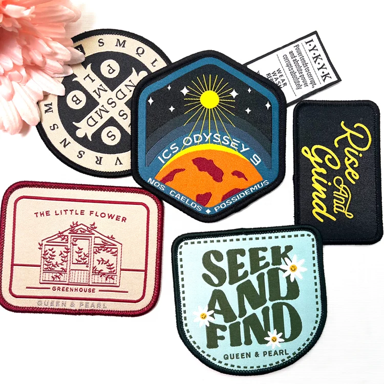 Custom Manufacturer High Quality Logo Text Woven Patches Sew Iron On Back For Clothing Hats With Merrow Border