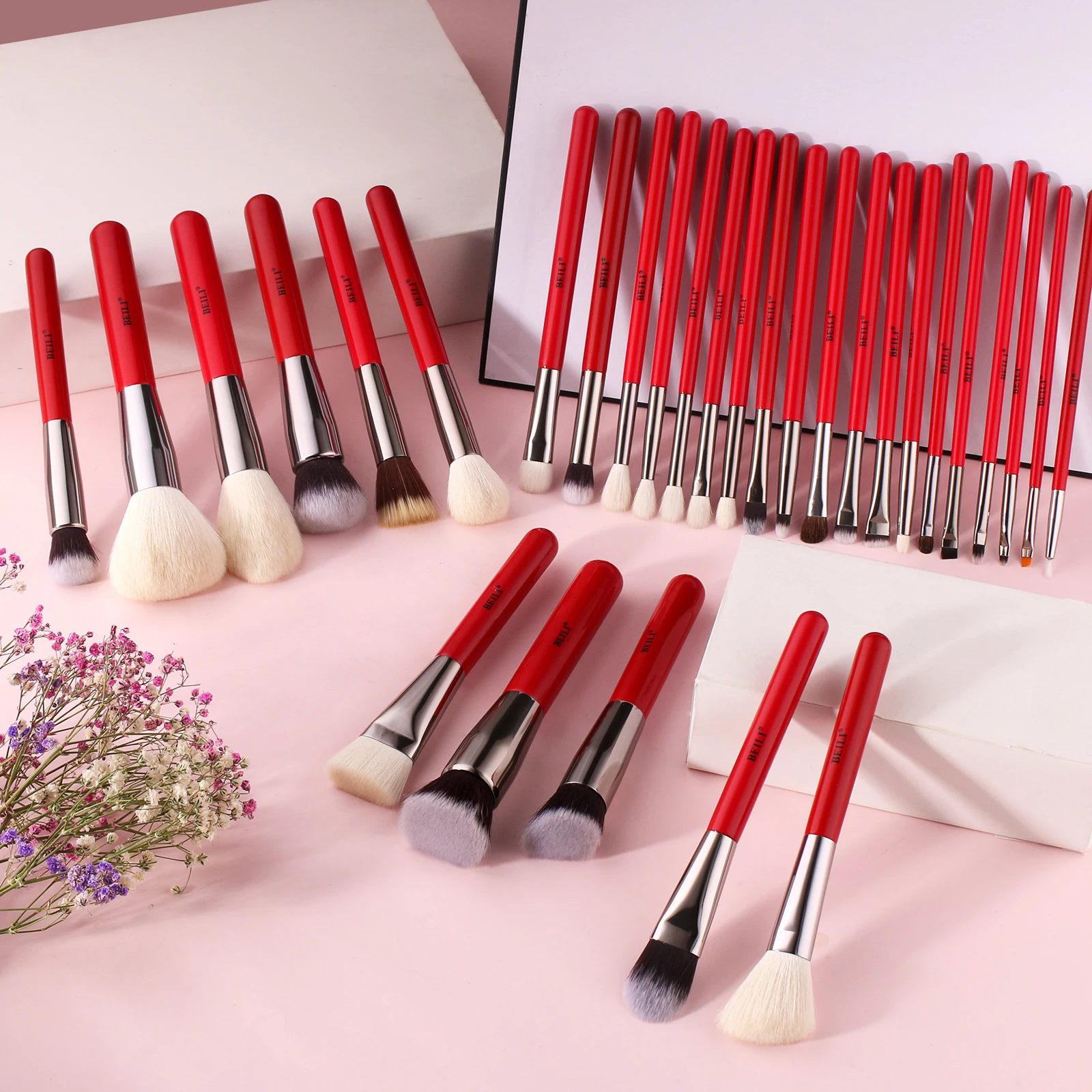 BEILI Red 30pcs make up brushes Private label Natural goat pony hair Matte handle face makeup brush set stock brochas maquillaje