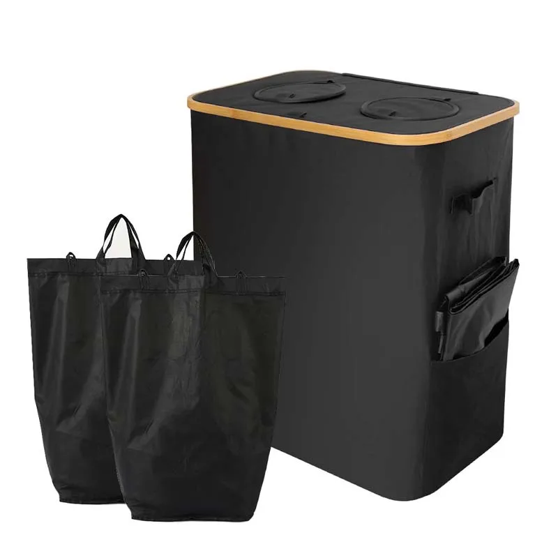Foldable Kitchen Indoor Bottle Recycling Storage Contaciner with Bamboo Lid & Reusable Removable Inner Bag Recycling Bin