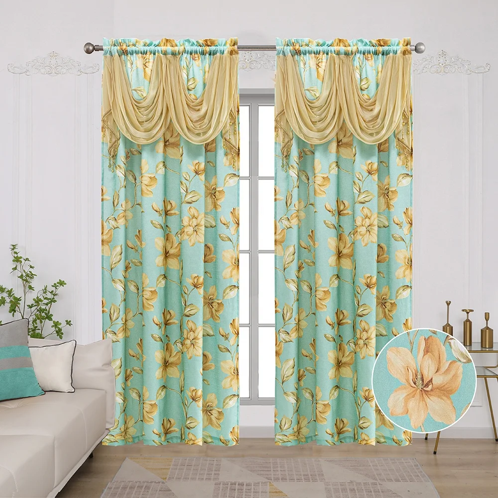 Wholesale ready printed linen window golden flower valance curtains for living room cheap modern bedroom kitchen curtain drape
