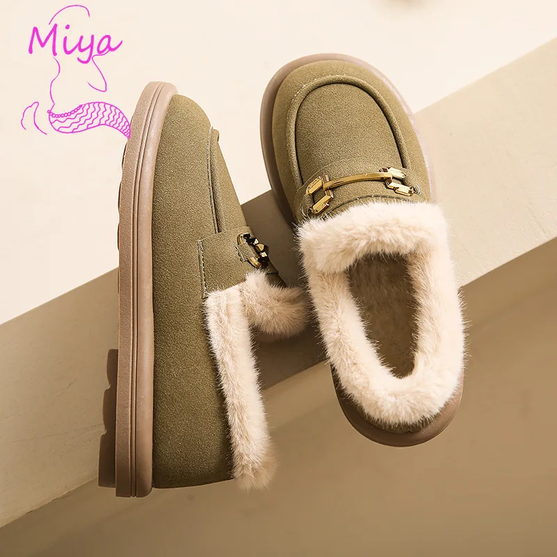 Low-Cut Warm Beanie Cotton Shoes Winter Velvet Thickened Flat Bean Shoes Lamb Wool Round Toe Snow Boots for Women