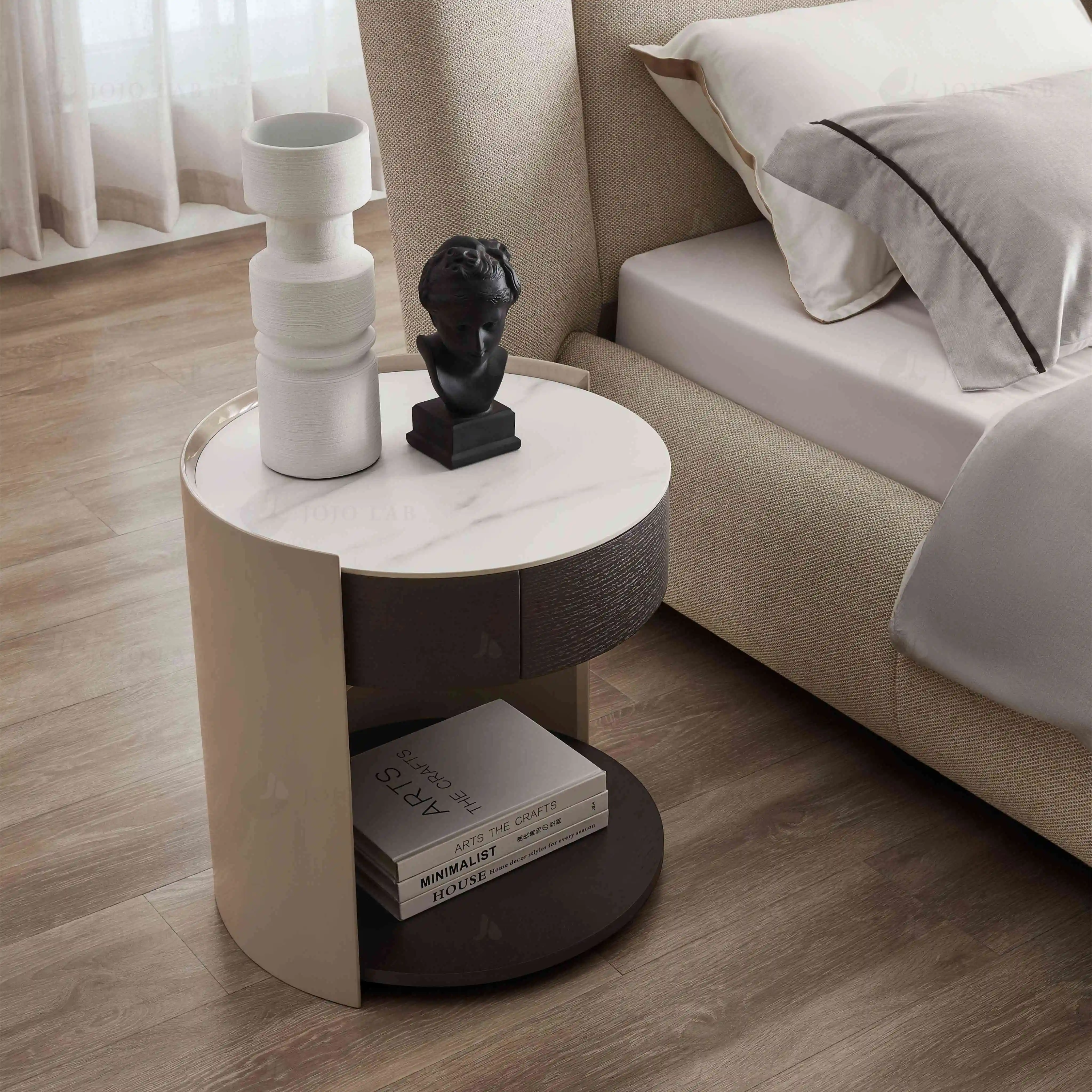 Modern Luxury White Carrara Sintered Stone Top Drawer Oak Picture Round Nightstand Bedside Table For Home Design