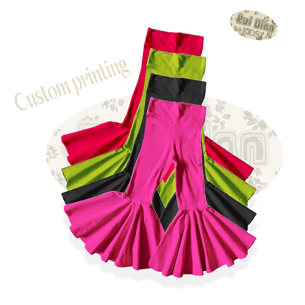 Ruidian OEM Big Bell Pants Baby Girls Solid Color High Waist Stretch 95% Cotton Pilling Resistant Toddler kids bell bottom pants