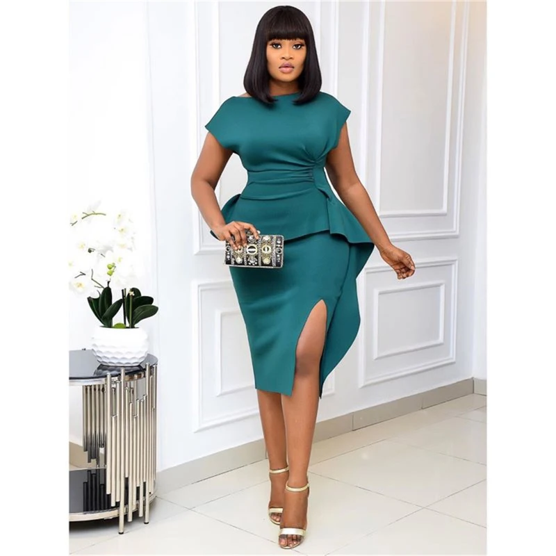 
Visualize Bodycon High Split Dress Classy Hip Wrap Female Career Plus Size Ruffles Dresses Women Office Dress 