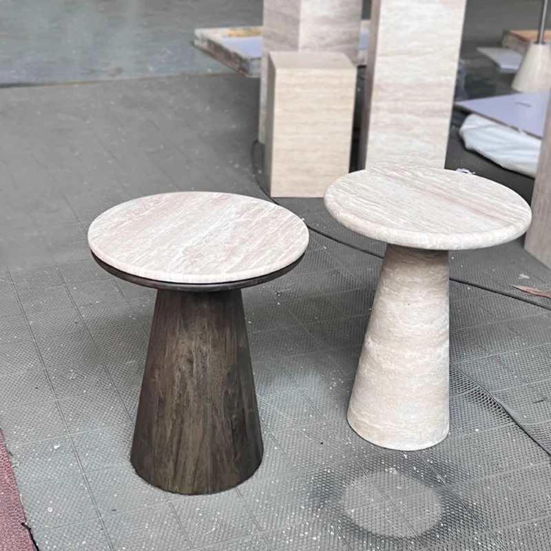 Guanmay Custom Natural Travertine Top Wood Base Coffee Table White Round Side Table Modern Coffee Center Table