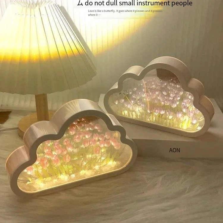 INS Handmade DIY Cloud Tulip Mirror Night Light 3d Flower Table Lamp for  INS Girl Heart Living Room Desktop Decoration
