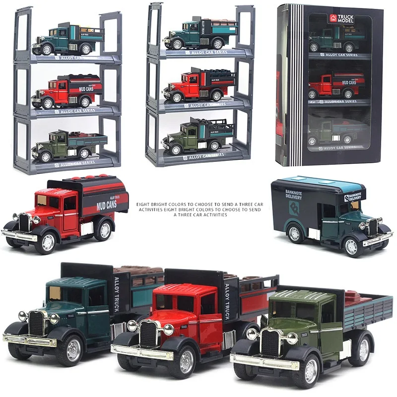 1: 32 3 pcs set die casting alloy retro transport truck toy double door pull back classic car model with light music