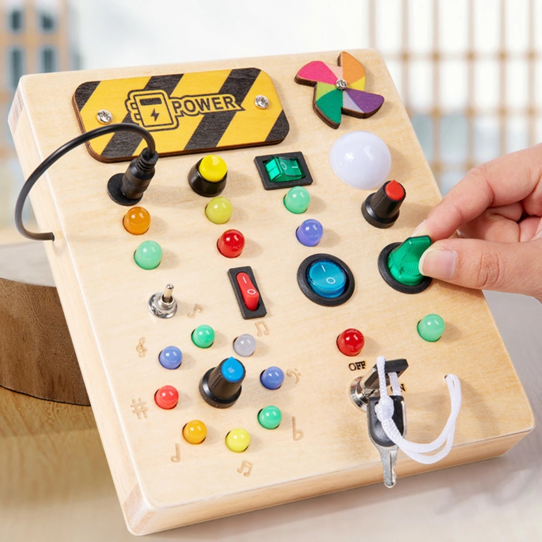 Montessori Busy Board with 10 LED Light Toddler Switch Board Wooden Baby Button Toy Sensory Toys for Baby Kids