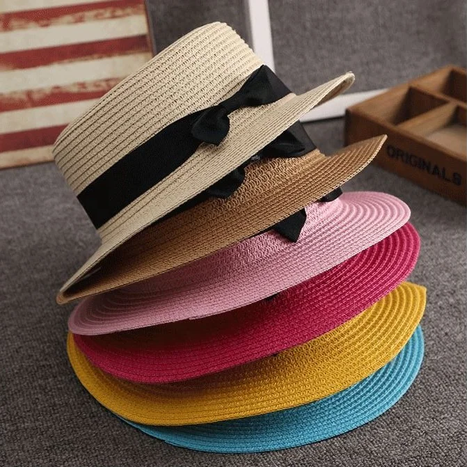 CUSTOM luxury girls portugal ribbon Outdoor summer fashion elegant ecuador FLAT TOP BOATER Sombrero de paja plano straw hat