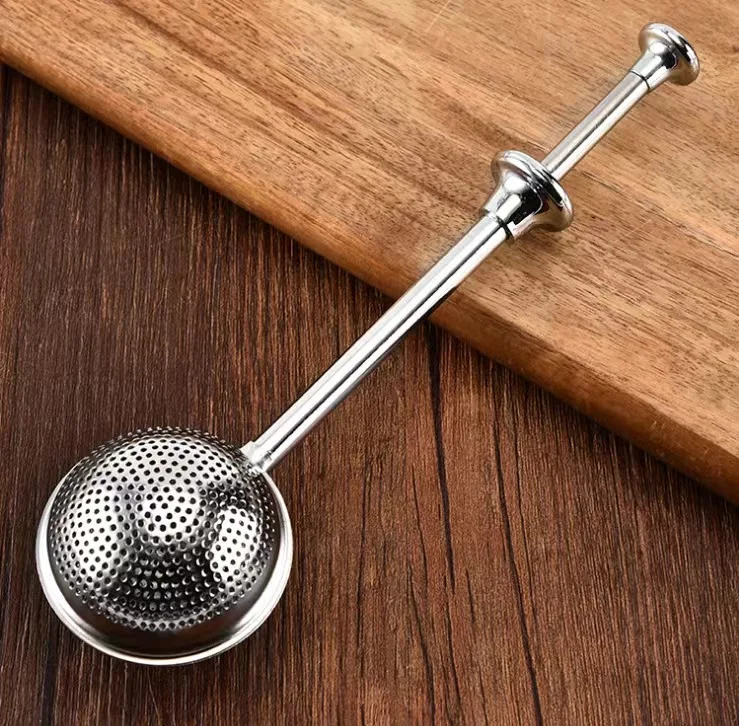 sells Chinese production of food grade stainless steel 304 press type retractable tea filter tea infuser