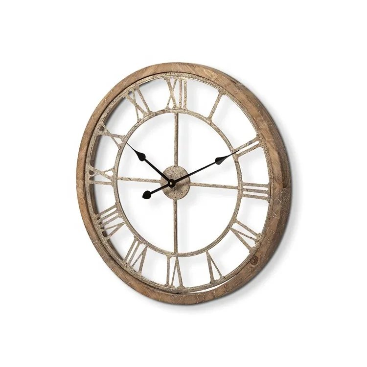 Antique Rustic Metal Wood Clocks Farmhouse Gold Roman Round Wall Clock Quartz Clock Movements for Home Living Room Decoration