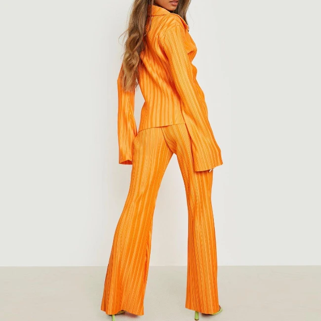 Spring Fall Stylish Plisse Outfits Women Drop Shoulder Shirt And Wide Leg Flared Pants Two Pieces Set