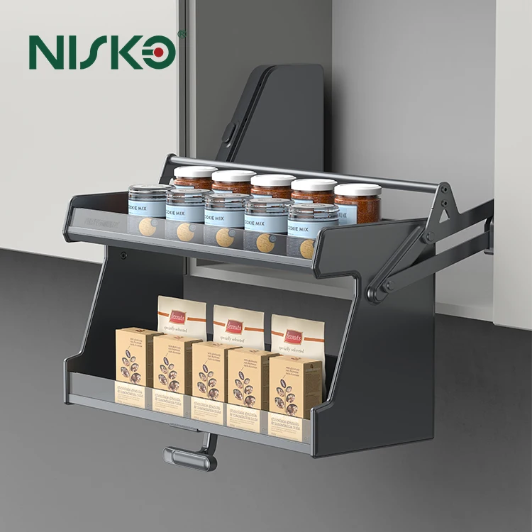 Kitchen Aluminum Glass Pull Down Flat Basket Free Stop Elevator with Light