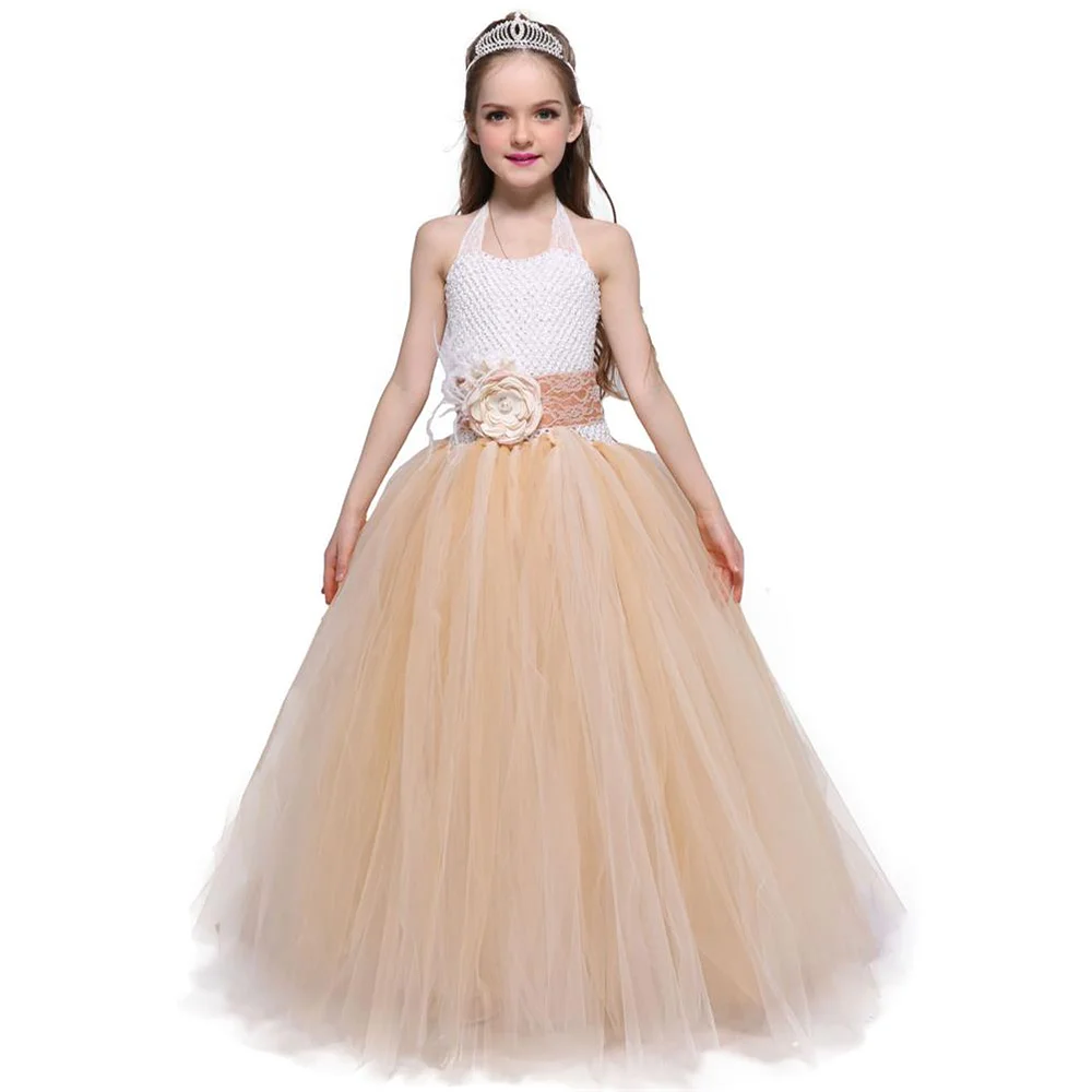Classic Younger Flower Girl Princess Frock Apricot Long Tulle 12 Years Old Girls vestido de casamento