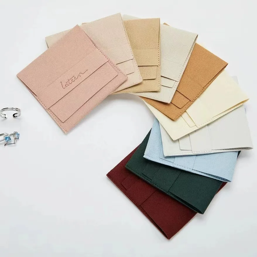 Custom Emboss Logo Microfiber Jewelry Flap pouch Luxury lucky color Envelope suede tarring Necklace Jewelry Bag