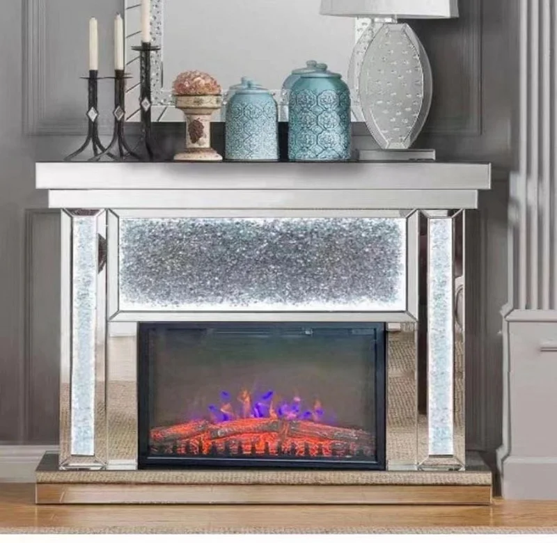 Foshan Mirror Cabinet Silver Fireplace with Led Light TV Stand Simulation Electric Stove Factory Cheap Modern 1 Piece Panel T/T