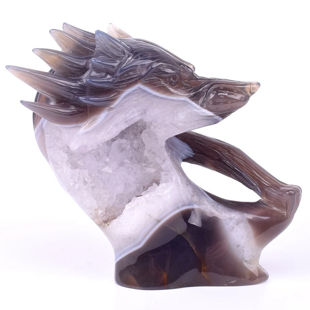 High Quality  Agate Geode Statue Crystal Hand Carved Wolf