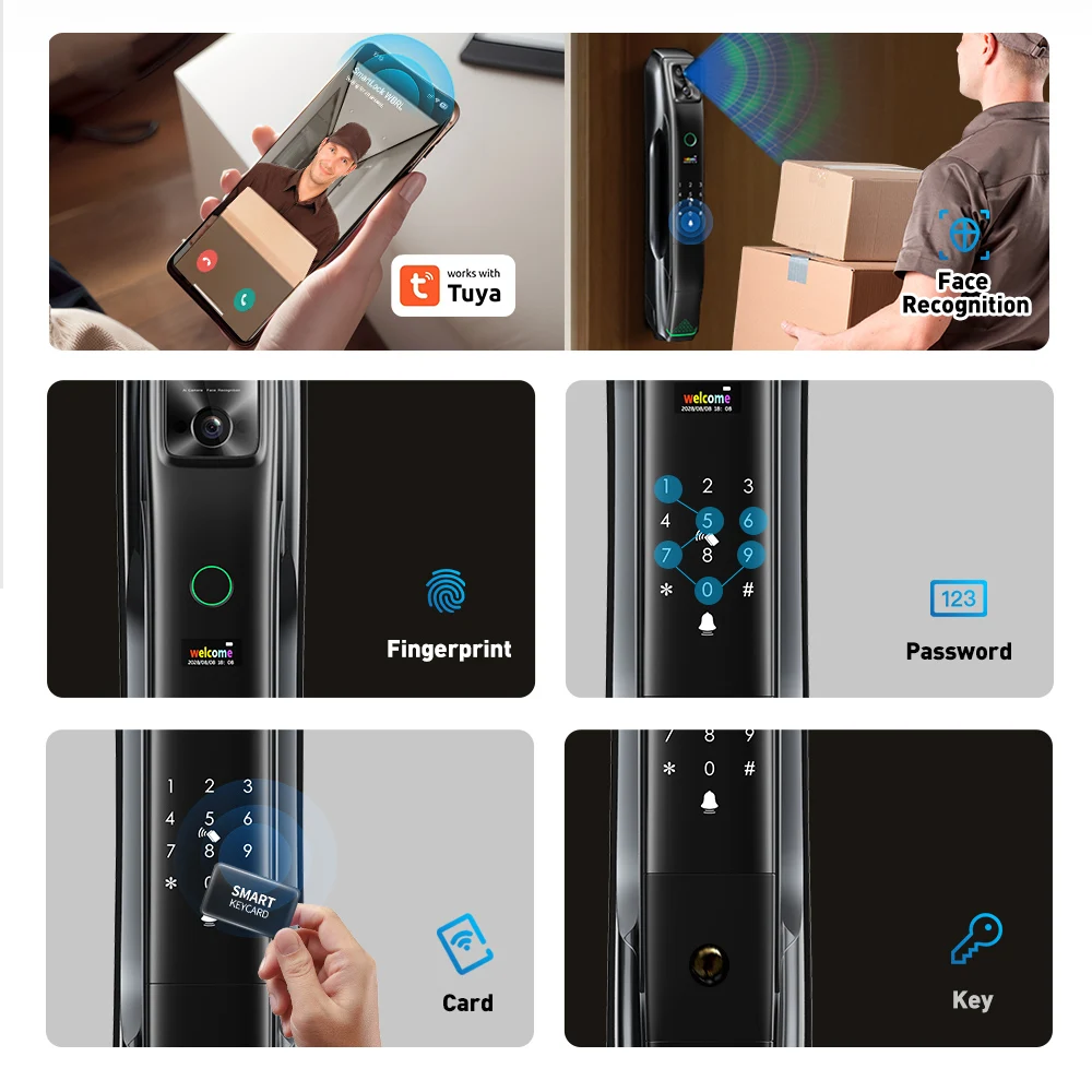 SMARTEK I8 IP54 Camera Full Automatic Tuya APP Wi-Fi WBRL Whole Live Video 3D Face Recognition Smart Door Lock with Eye Scanner