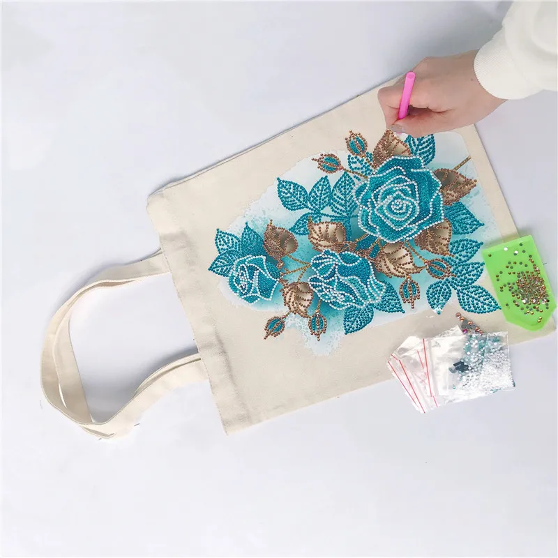 Fashion Shopping Bag DIY Sticker Diamond Painting Rose Flower Art Crystal Tote Bag Advertising Canvas Bag Embroidered Handbag