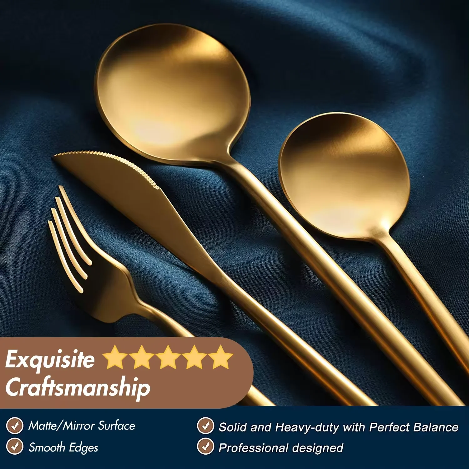 Goa Nordic Commercial Stainless Steel Cutlery Set Flatware Matte Gold Plated Silverware Spoon Fork Set Dinner Knife