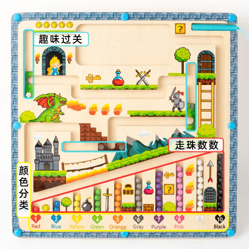 2024 New Product Wood Children Dinosaur Themed Magnetism Digital Maze Beads Game Montessori Educational Puzzle Toys For Kids