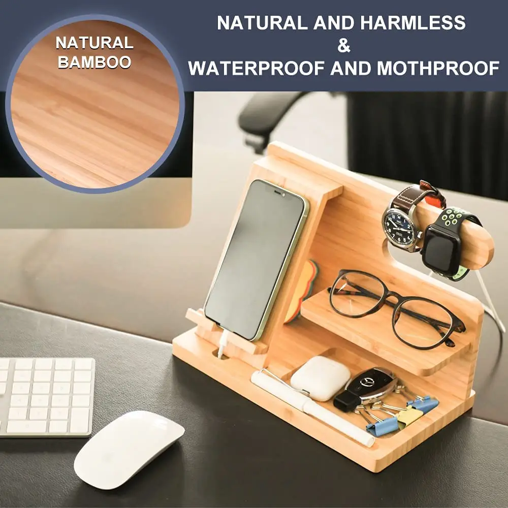 Multifunctional Bamboo Desk Phone Stand Office Desk Organizer Watch Holder